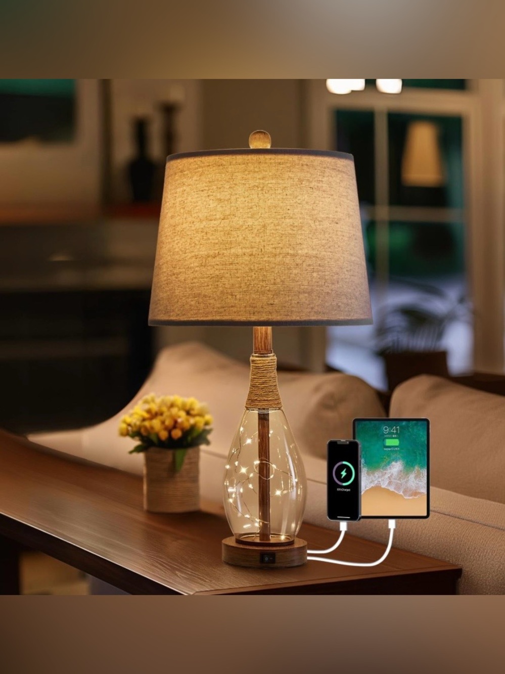Retro Farmhouse Rattan Glass TABLE Lamp with A+C Charging Port Bulb and Base LED